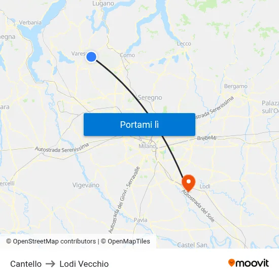 Cantello to Lodi Vecchio map