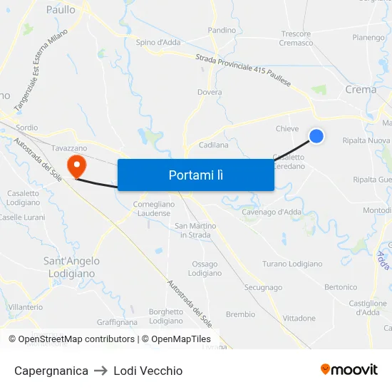 Capergnanica to Lodi Vecchio map