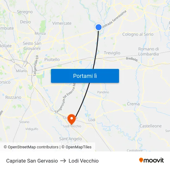 Capriate San Gervasio to Lodi Vecchio map