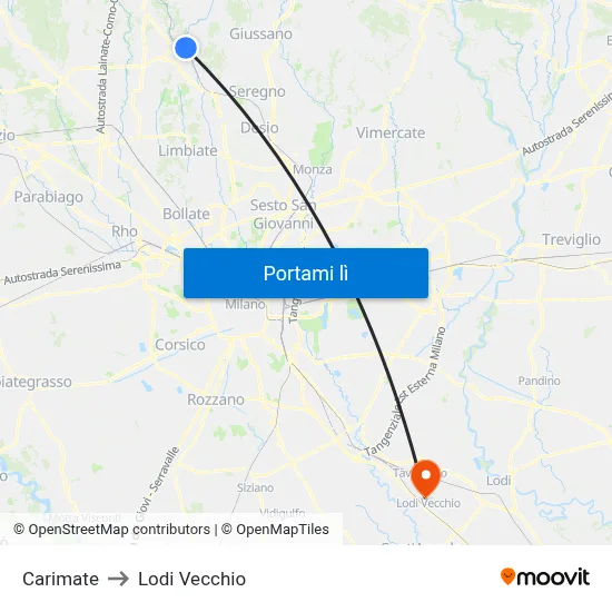 Carimate to Lodi Vecchio map