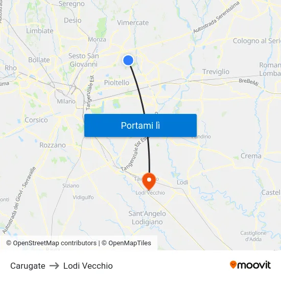 Carugate to Lodi Vecchio map