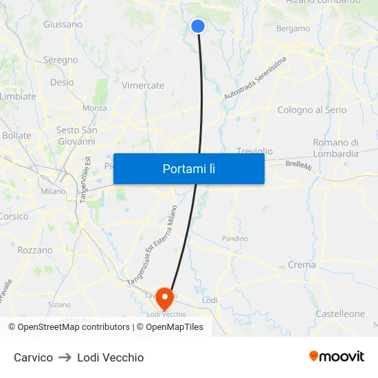 Carvico to Lodi Vecchio map