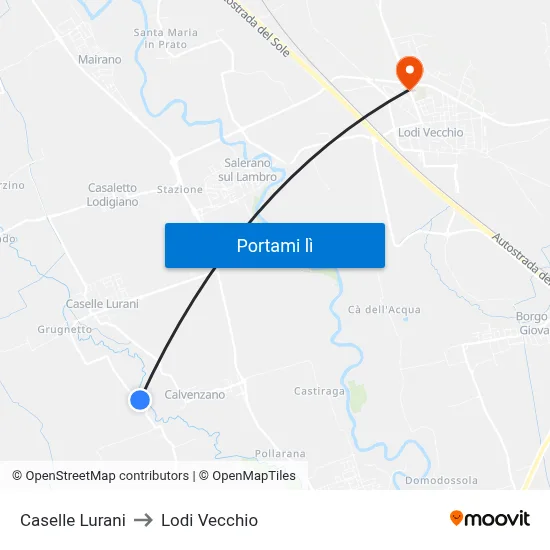 Caselle Lurani to Lodi Vecchio map
