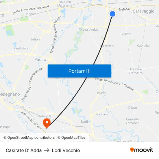 Casirate D' Adda to Lodi Vecchio map