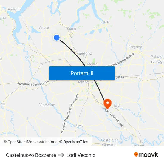 Castelnuovo Bozzente to Lodi Vecchio map