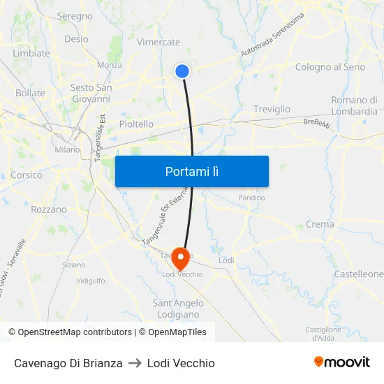Cavenago Di Brianza to Lodi Vecchio map