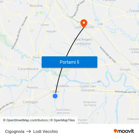 Cigognola to Lodi Vecchio map