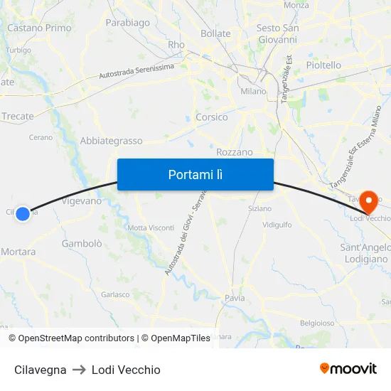 Cilavegna to Lodi Vecchio map