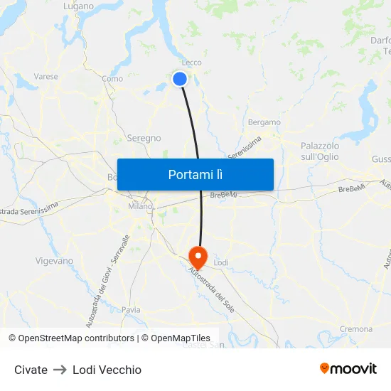 Civate to Lodi Vecchio map