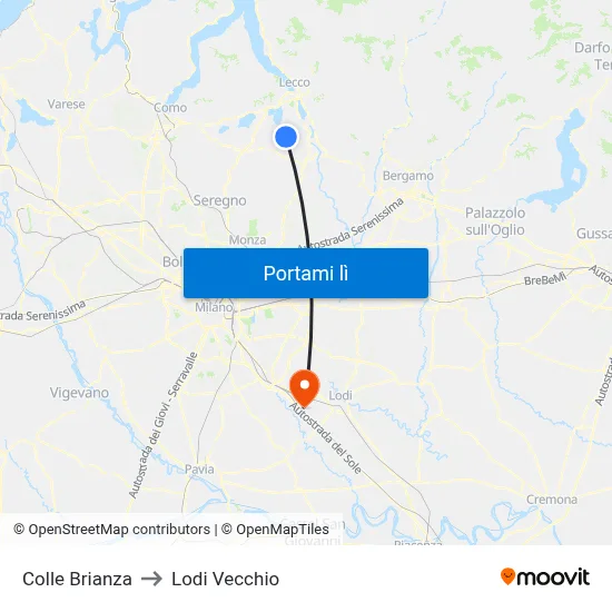 Colle Brianza to Lodi Vecchio map