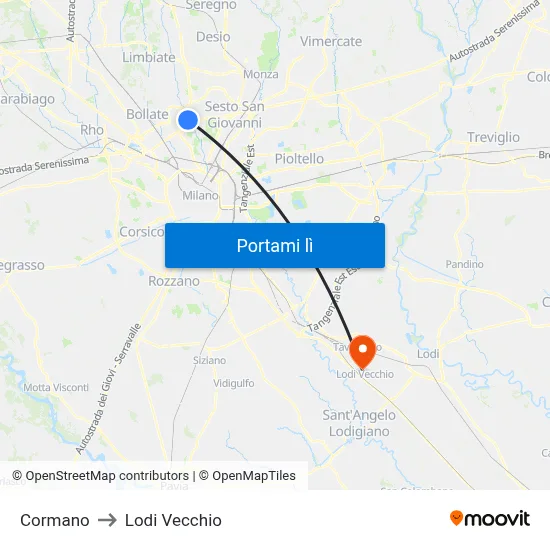 Cormano to Lodi Vecchio map