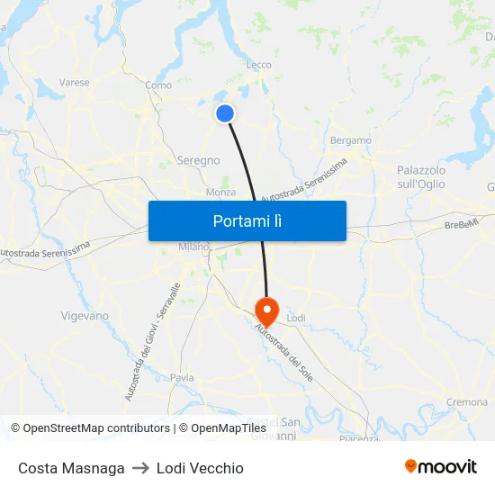 Costa Masnaga to Lodi Vecchio map