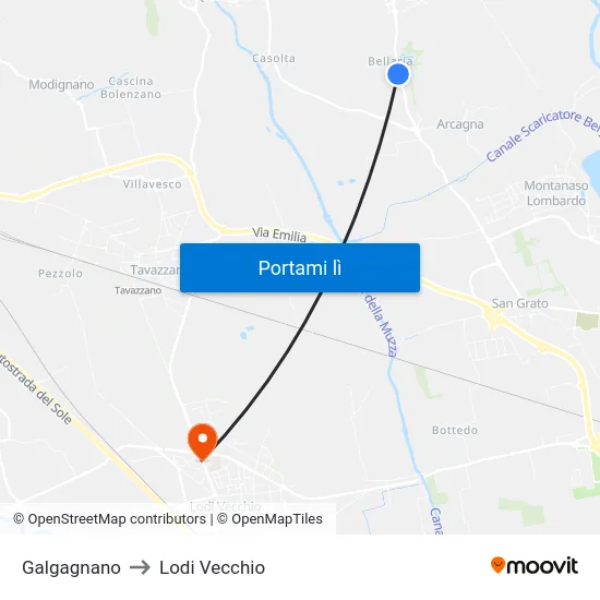 Galgagnano to Lodi Vecchio map