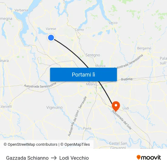 Gazzada Schianno to Lodi Vecchio map