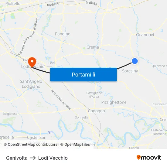 Genivolta to Lodi Vecchio map