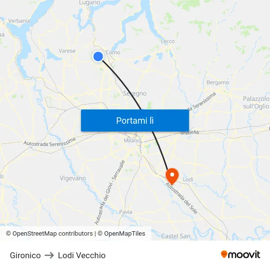 Gironico to Lodi Vecchio map