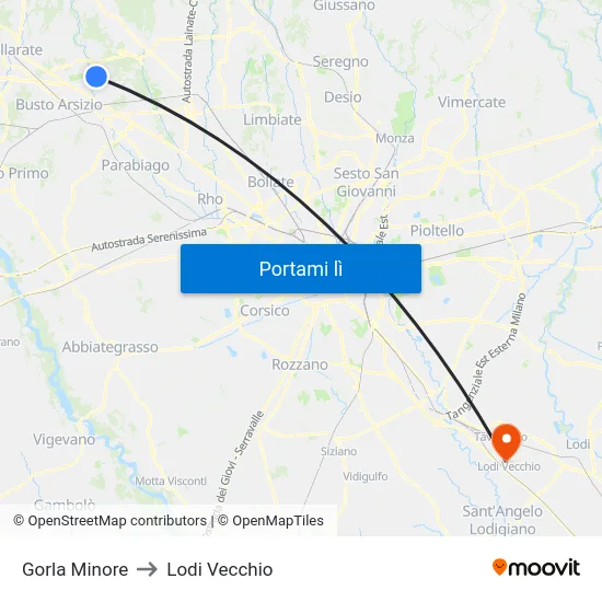 Gorla Minore to Lodi Vecchio map