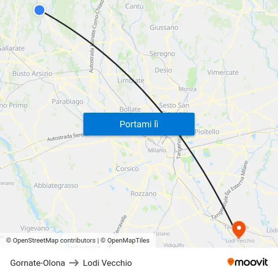 Gornate-Olona to Lodi Vecchio map