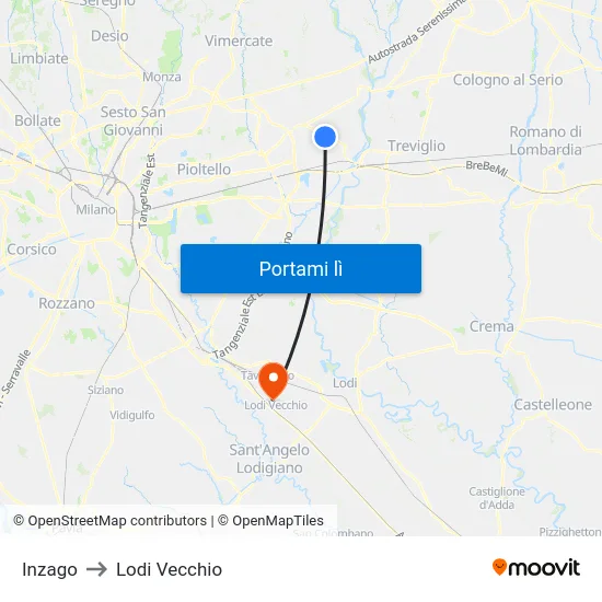 Inzago to Lodi Vecchio map