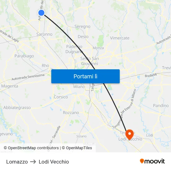 Lomazzo to Lodi Vecchio map