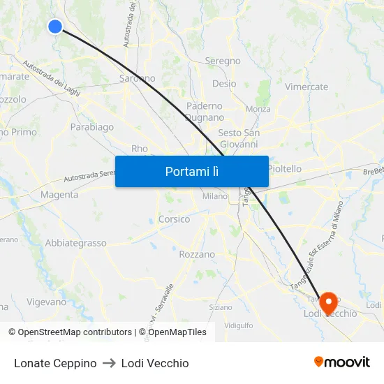 Lonate Ceppino to Lodi Vecchio map