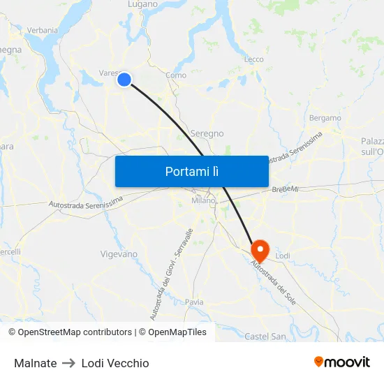 Malnate to Lodi Vecchio map