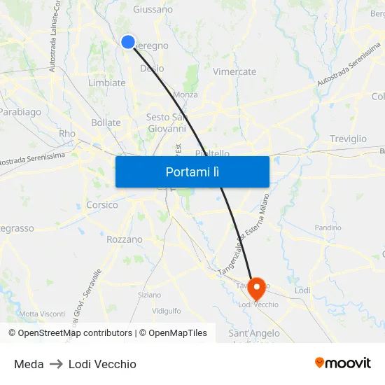 Meda to Lodi Vecchio map