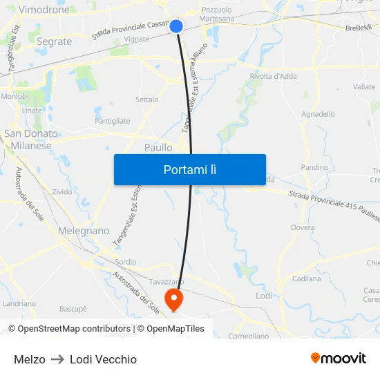 Melzo to Lodi Vecchio map