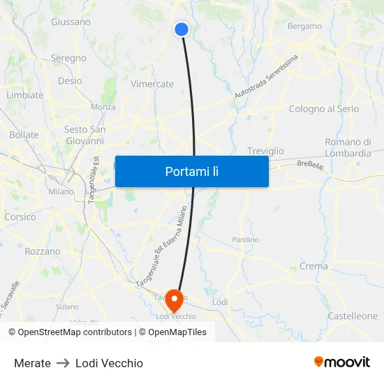 Merate to Lodi Vecchio map