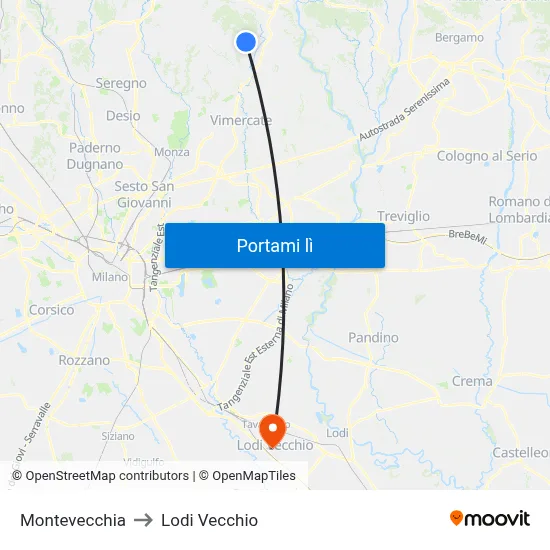 Montevecchia to Lodi Vecchio map
