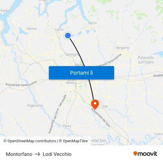 Montorfano to Lodi Vecchio map