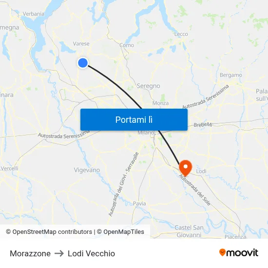 Morazzone to Lodi Vecchio map