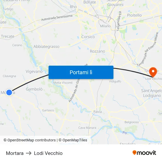 Mortara to Lodi Vecchio map