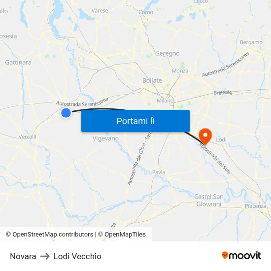Novara to Lodi Vecchio map