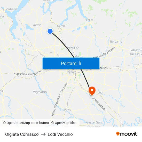 Olgiate Comasco to Lodi Vecchio map
