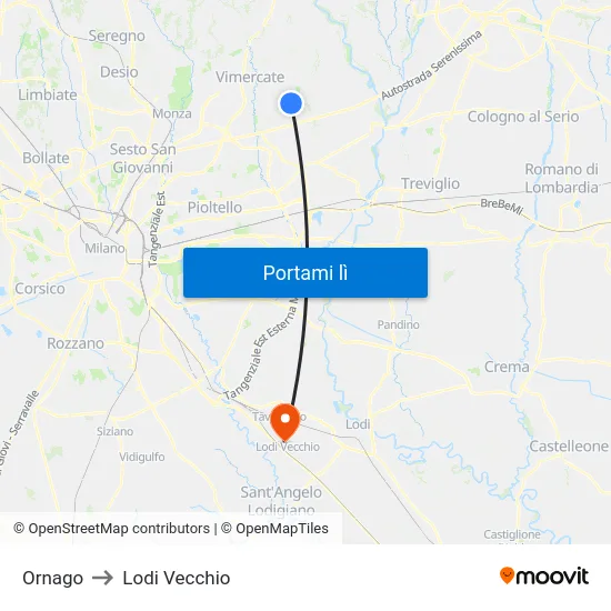 Ornago to Lodi Vecchio map