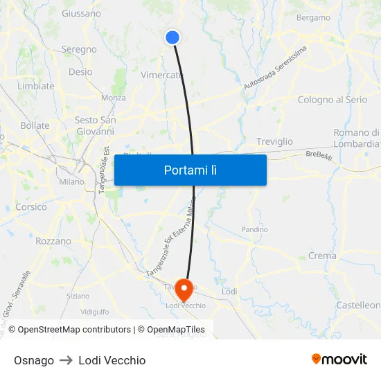 Osnago to Lodi Vecchio map