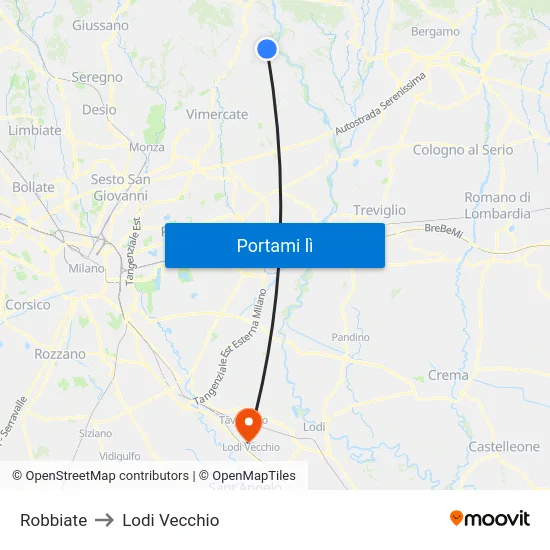 Robbiate to Lodi Vecchio map