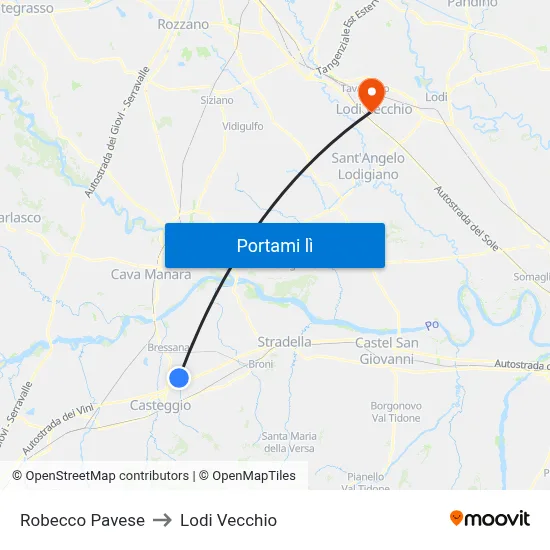 Robecco Pavese to Lodi Vecchio map