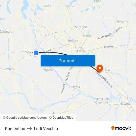 Romentino to Lodi Vecchio map