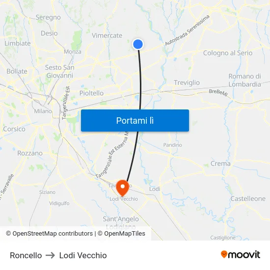 Roncello to Lodi Vecchio map