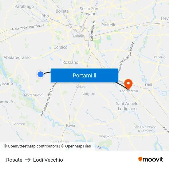 Rosate to Lodi Vecchio map
