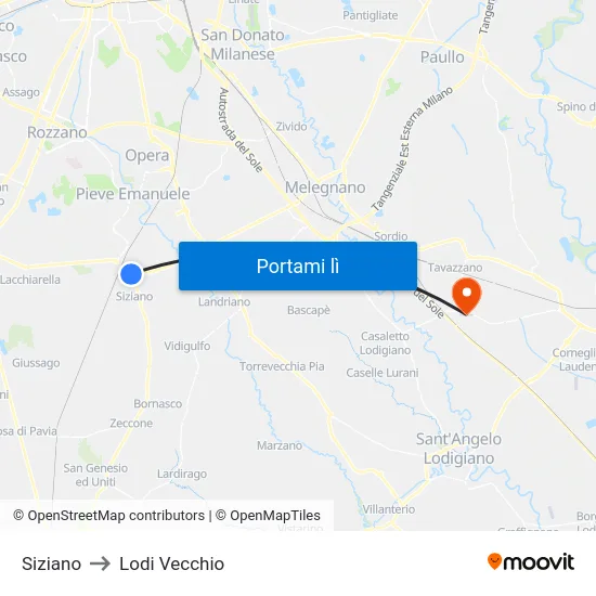 Siziano to Lodi Vecchio map