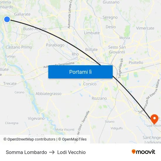 Somma Lombardo to Lodi Vecchio map