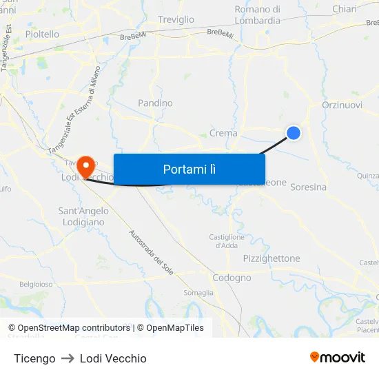 Ticengo to Lodi Vecchio map