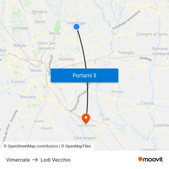 Vimercate to Lodi Vecchio map