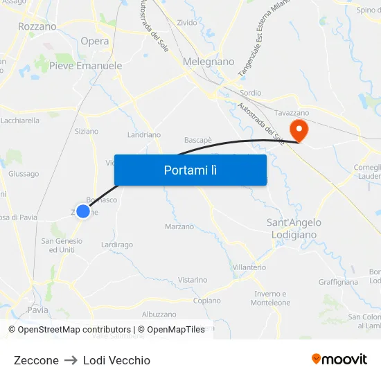 Zeccone to Lodi Vecchio map