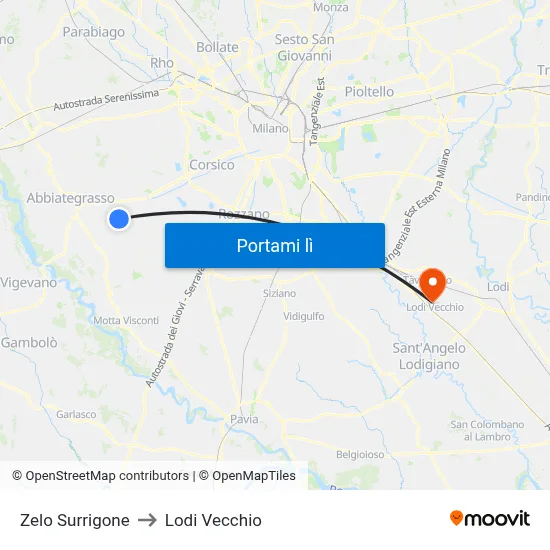 Zelo Surrigone to Lodi Vecchio map