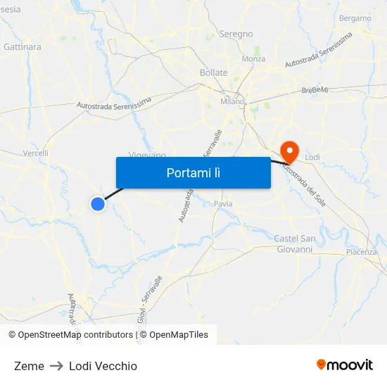 Zeme to Lodi Vecchio map