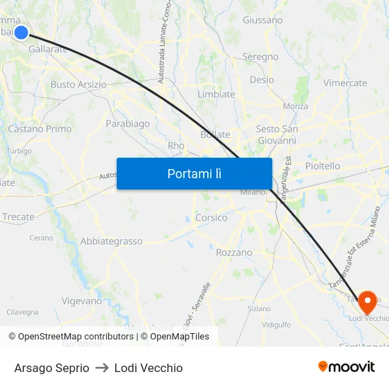 Arsago Seprio to Lodi Vecchio map